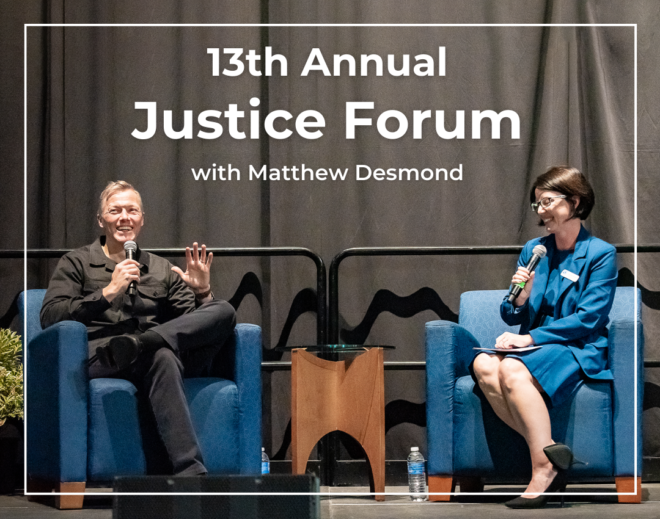 Matthew Desmond speaks with Jackie Keiger at the 13th Annual Justice Forum