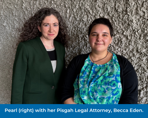 Pearl with her Pisgah Legal Attorney, Becca Eden.