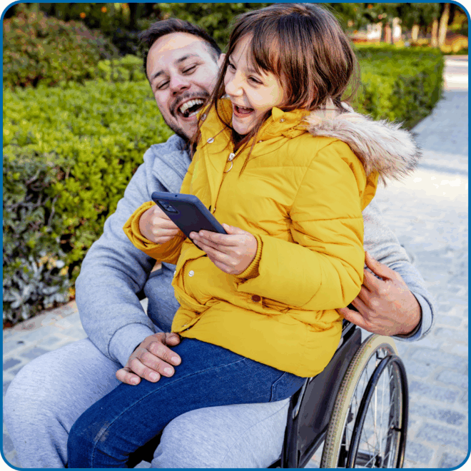 Man in wheelchair with his daughter, living independently